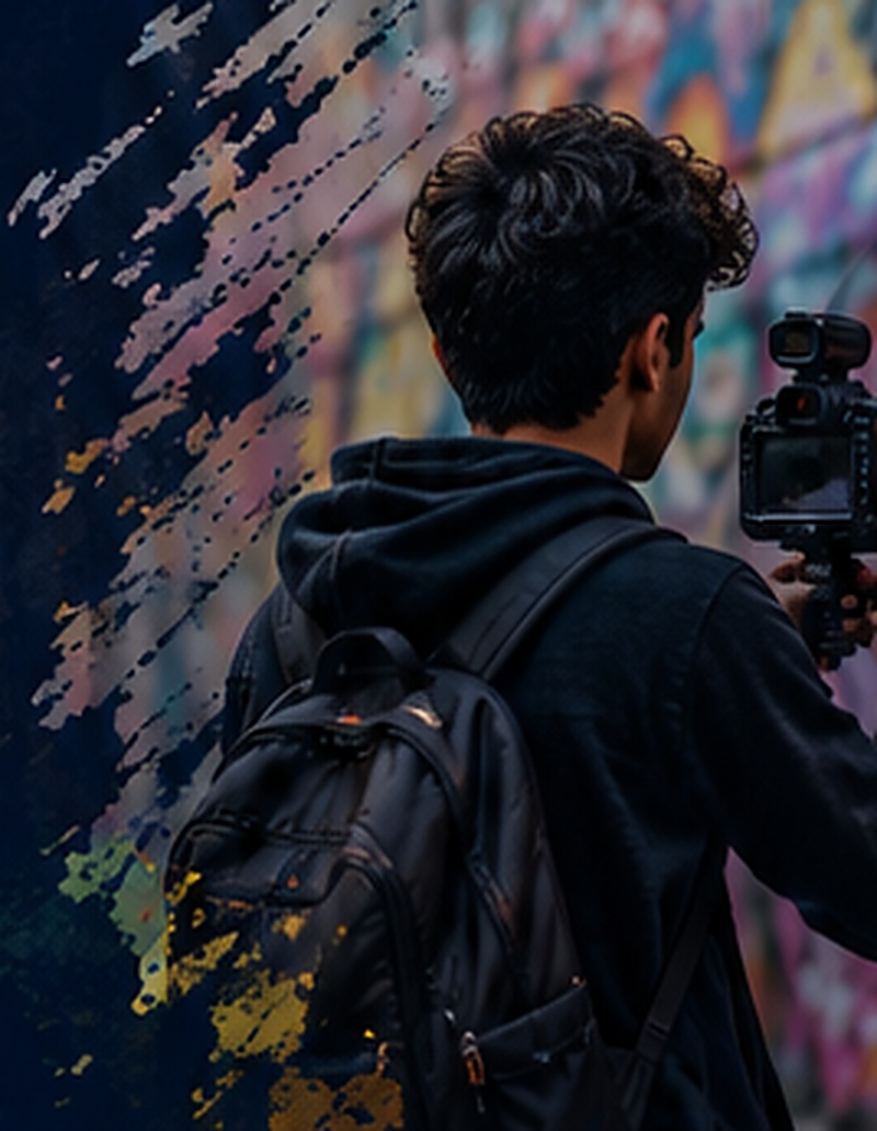 A young creator filming a mural with a camera at a VideoGraffiti workshop