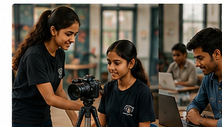 A volunteer teaching a young creator hands-on filmmaking skills, from the From Classroom to Creator story